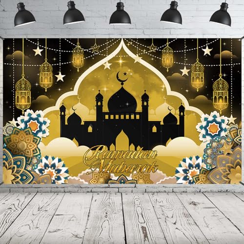Ramadan Mubarak Banner, Extra Große Stoff Eid Kareem Hintergrund für Dekorationen, 72 x 44 Zoll Stern Mond Laternen Schlösser Photo Booth Hintergrund für Islamische Muslimische Al-Fitr Party Supplies von BAEIDO