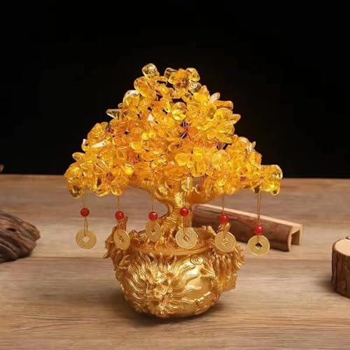BAEKZ Kristall-Bonsai-Citrin-Baum, Geldbaum, Feng Shui, dekorativer Drachentopf (Goldfarben) von BAEKZ