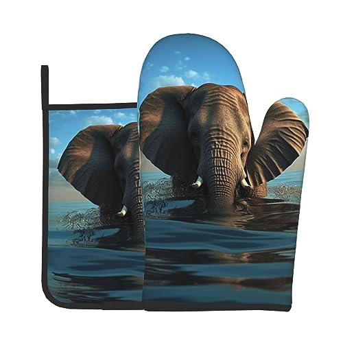 Elephant is Sitting in The Water bedruckte Ofenhandschuhe und Topflappen, Set mit 2 lustigen Ofenhandschuhen, Küchenhandschuhe, rutschfeste Topfpads zum Kochen, Backen, Grillen von BAFAFA