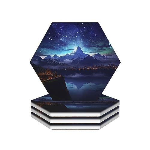 Fantasy Night Scene Printed Ceramic Coaster Drink Coasters Absorbent Ceramic Stone Coasters Set 4 for Bar Office Coffee Home Decor Hexagon von BAFAFA