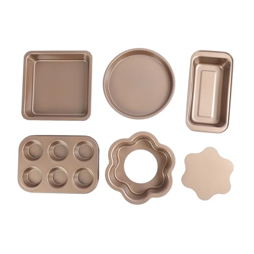 6 -pcs Backware Set Lose Bottom Carbon Stahl Anti -Stick Backformen mit Grauen Silikongriffen, Rezeptheft, Enthalten Ofen Safe Tablett für Muffin Pizza (Golden) von BAFOVY
