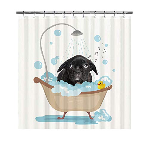 BAGEYOU Duschvorhang mit lustigem Hund und ängstlicher französischer Bulldogge in der Badewanne, wasserdicht, Polyester, 183 x 203 cm, mit 12 Haken von BAGEYOU