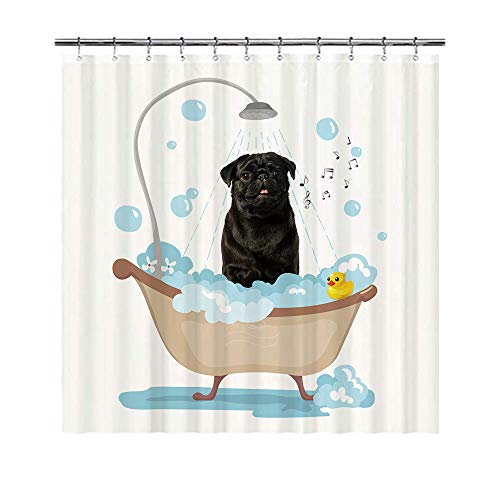 BAGEYOU Duschvorhang mit lustigem Mops-Motiv, wasserdicht, Polyester, 183 x 203 cm, mit 12 Haken von BAGEYOU