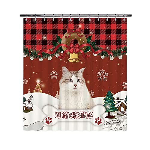 BAGEYOU Frohe Weihnachten Duschvorhang mit Niedliche Ragdoll Katze Buffalo Check Plaid Badvorhang für Winter Weihnachten Dekoration mit 12 Haken 165x180 cm von BAGEYOU