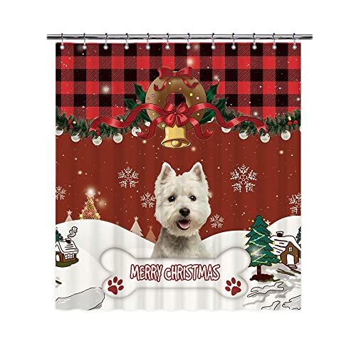 BAGEYOU Frohe Weihnachten Duschvorhang mit Niedlicher West Highland White Terrier Westie Hund Buffalo Check Plaid Badvorhang für Winter Weihnachten Dekoration mit 12 Haken 180x200 cm von BAGEYOU