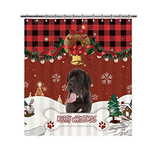 BAGEYOU Frohe Weihnachten Duschvorhang mit Schwarze Deutsche Dogge Hund Buffalo Check Plaid Badvorhang für Winter Weihnachten Dekoration mit 12 Haken 180x200 cm von BAGEYOU