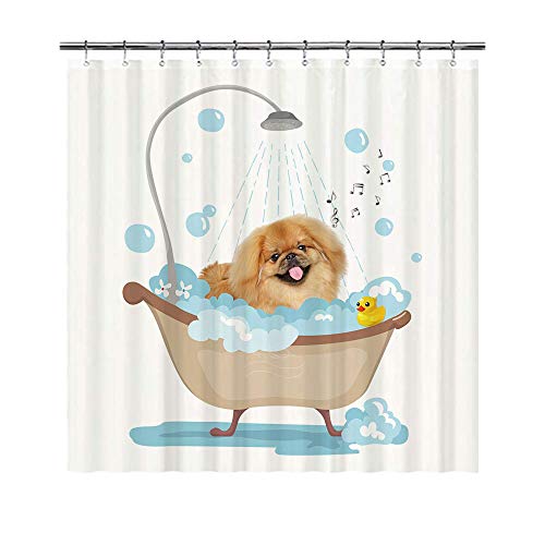 BAGEYOU Happy Pekingese Duschvorhang Hund in Badewanne Duschvorhang Niedlicher Welpe nimmt eine Dusche Wasserdichtes Polyestergewebe Badezimmer-Vorhang 168 x 183 cm, mit 12 Haken von BAGEYOU