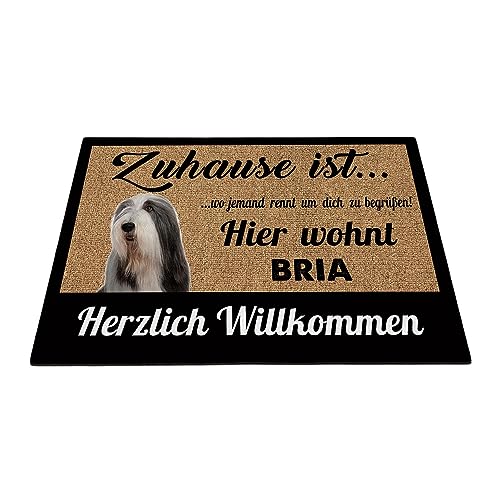 BAGEYOU Herzlich Willkommen Fußmatte Bearded Collie Individueller Hundename Zuhause Ist Wo Jemand Rennt Um Dich Zu Begrüßen Hier Wohnt Fußabtreter 60 x 40 cm von BAGEYOU