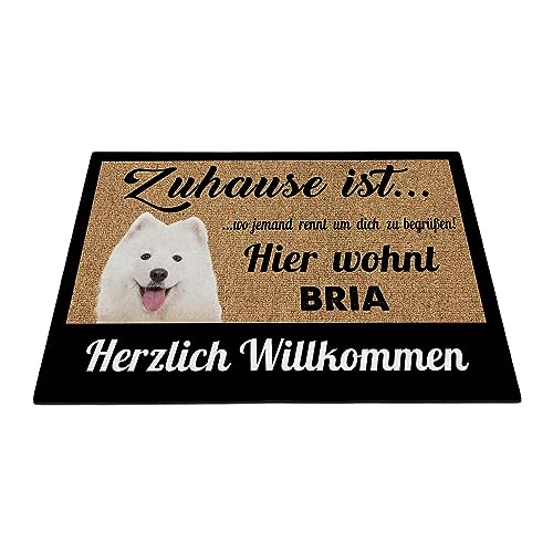 BAGEYOU Herzlich Willkommen Fußmatte Samojede Individueller Hundename Zuhause Ist Wo Jemand Rennt Um Dich Zu Begrüßen Hier Wohnt Fußabtreter 60 x 40 cm von BAGEYOU