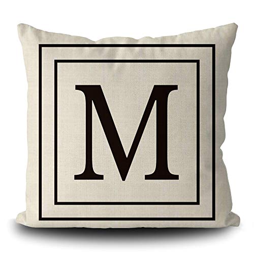 BAGEYOU Leinen Kissenbezug mit Black Letter Monogramm M und Streifen Englisch Alphabet Initial Decorative Square Kissenschutz für Sofa Couch 45 x 45 cm, doppelseitiger Druck von BAGEYOU