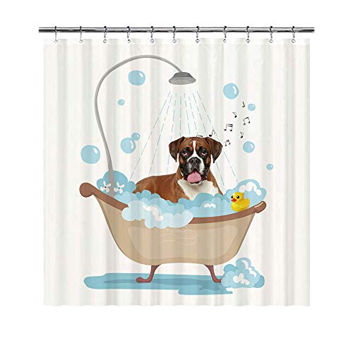 BAGEYOU Lustiger Hund Boxer Hund in Badewanne Duschvorhänge Niedlicher Welpe Taking A Shower Wasserdicht Polyester Stoff Badezimmer Vorhang 183 x 203 cm mit 12 Haken von BAGEYOU