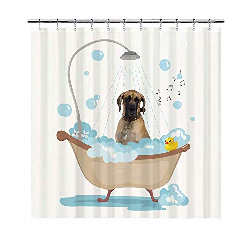 BAGEYOU Lustiger Hund Deutsche Dogge im Bad, Duschvorhänge, niedlicher Welpe, der eine Dusche nimmt, wasserdichtes Polyestergewebe, Badezimmer-Vorhang, 183 x 203 cm, mit 12 Haken von BAGEYOU