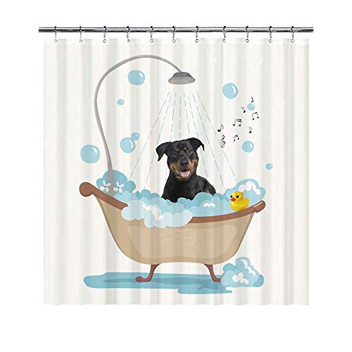 BAGEYOU Lustiger Hund Rottweiler in Bad Duschvorhänge, niedlicher Welpe, der eine Dusche nimmt, wasserdichtes Polyestergewebe, Badezimmer-Vorhang, 168 x 183 cm, mit 12 Haken von BAGEYOU