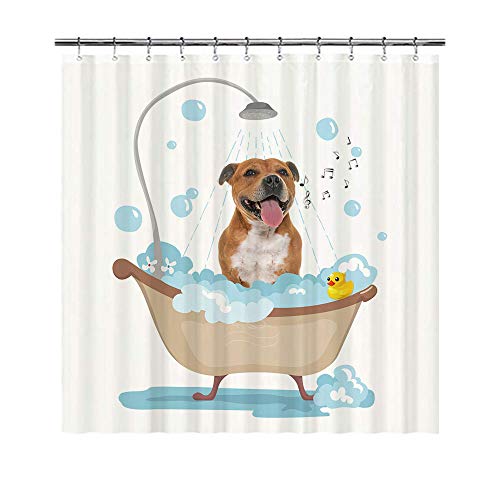 BAGEYOU Lustiger Hund Staffordshire Bull Terrier in Bad Duschvorhänge niedlicher Welpe unter der Dusche, wasserdichtes Polyestergewebe, Badezimmer-Vorhang, 168 x 183 cm, mit 12 Haken von BAGEYOU