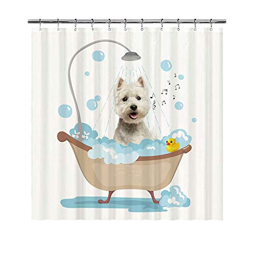 BAGEYOU Lustiger Hund West Highland White Terrier Westie in Bad, Duschvorhänge, niedlicher Welpe, der eine Dusche nimmt, wasserdichtes Polyestergewebe, Badezimmer-Vorhang, 183 x 183 cm, mit 12 Haken von BAGEYOU