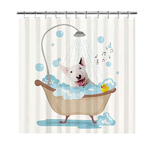 BAGEYOU Lustiger Hunde-Bullterrier in Badewanne, Duschvorhänge, niedlicher Welpen, der eine Dusche macht, wasserdichtes Polyestergewebe, Badezimmer-Vorhang, 168 x 183 cm, mit 12 Haken von BAGEYOU