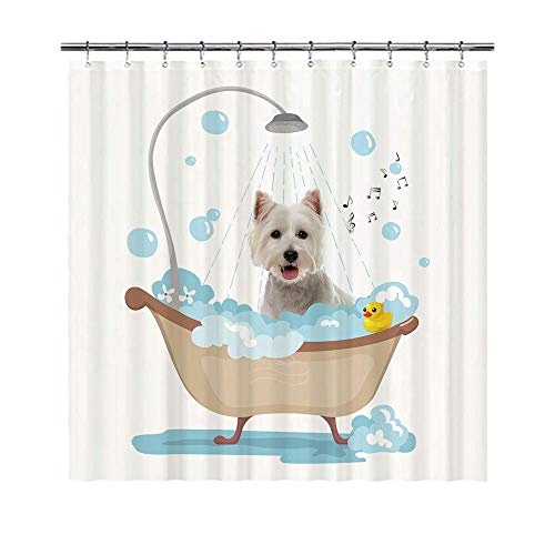 BAGEYOU Lustiger Hunde-Westie-Duschvorhänge, niedlicher Welpe, der eine Dusche nimmt, wasserdicht, Polyestergewebe, 183 x 203 cm, mit 12 Haken von BAGEYOU