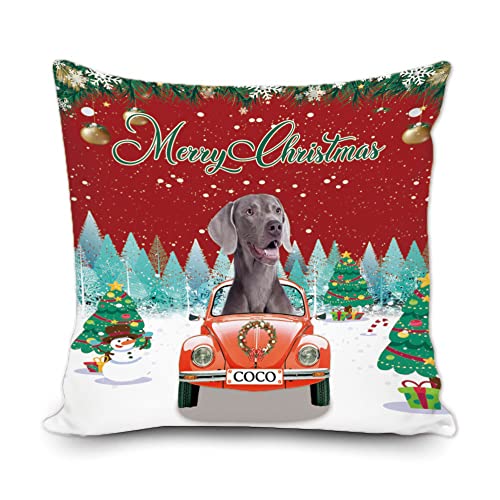 Merry Christms Kissenbezug mit lustigem Weimaraner-Hund im roten Auto, Weihnachtsbaum mit Schneemann, Schneeflocke, Dekor, Winter, Couchkissen, 50,8 x 50,8 cm, quadratischer Druck, doppelseitig von BAGEYOU