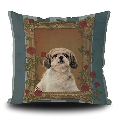 Niedlicher Shih Tzu Hunde-Kissenbezug mit roter Rose, Vintage-Deko-Kissenbezug, Leinen, 45,7 x 45,7 cm von BAGEYOU