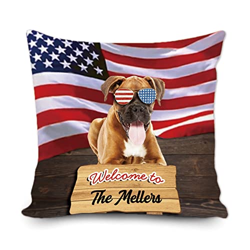 Personalisierter Deutscher Boxer-Hunde-Kissenbezug mit amerikanischer USA-Flagge 4. Juli, Sternen und Streifen, patriotischer Wurfkissenbezug aus Segeltuch für Wohnzimmer, Bett, Sofa, 45 x 45cm von BAGEYOU