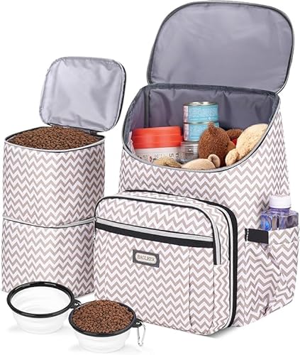 BAGLHER Reise-Hunderucksack – Abnehmbarer Reise-Hundefutterbehälter für Haustierbedarf, Hundeausrüstung, Hundetasche für Reisen mit 2 faltbaren Silikonnäpfen und 2 Lebensmittelkörben von BAGLHER