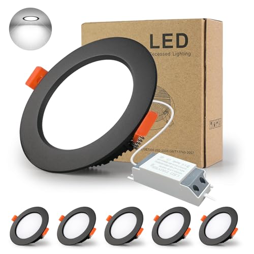 BAGZY LED Einbaustrahler 230V Schwarz Spots Flach 12W 230V IP44, 1000 Lumen 5er Set Kaltweiß 6000K Ausschnitt 110-130mm,CRI 80,Einbauleuchten Decken Spot,für Schlafzimmer Badezimmer Wohnzimmer von BAGZY