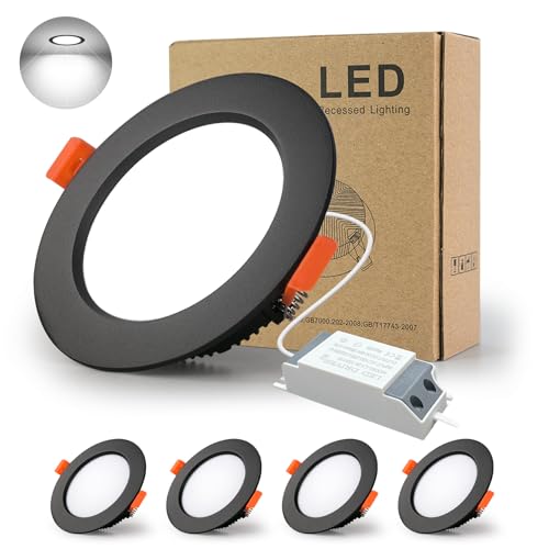 BAGZY LED Einbaustrahler 230V Schwarz Spots Flach 18W 230V IP44, 1500 Lumen 4er Set Kaltweiß 6000K Ausschnitt 160-170mm,CRI 80,Einbauleuchten Decken Spot,für Schlafzimmer Badezimmer Wohnzimmer von BAGZY