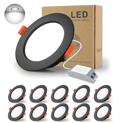 BAGZY Einbaustrahler Schwarz LED Spots ultra flach 9W 230V IP44, 900 Lumen 10er Set Kaltweiß 6000K Ausschnitt 90-100mm,CRI 80,Einbauleuchten Decken Spot,für Schlafzimmer Badezimmer Wohnzimmer von BAGZY