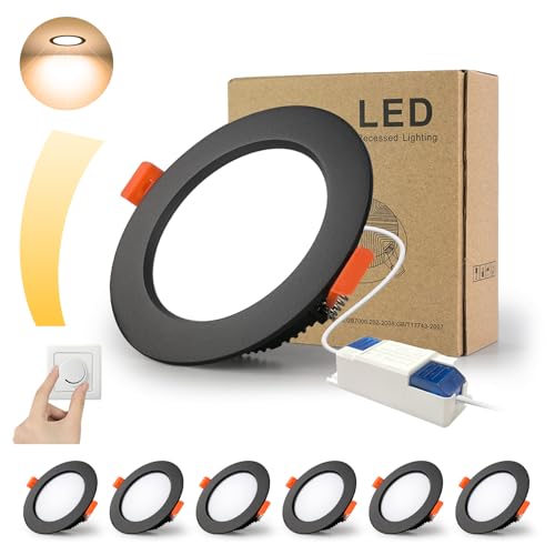 BRIMETI BAGZY LED Einbaustrahler Dimmbar 230V Schwarz Spots Flach 7W IP44 Bad Einbauleuchten Deckenspots Deckenstrahler 700lm Warmweiß 3000K Einbauspots für Badezimmer Küche Wohnzimmer 6er Set von BAGZY