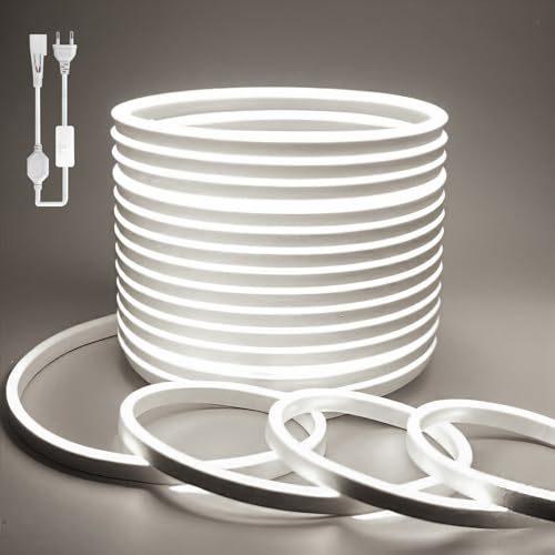 BAGZY Neon LED Streifen 50M Aussenbereich, Neon Wasserdicht Strip 230V Outdoor 120 LED/M Flexibler DIY Lichtband für Innen Weihnachtsfeier Aussenbereich,mit Netzteil und Controller (Weiß,50Meter) von BAGZY