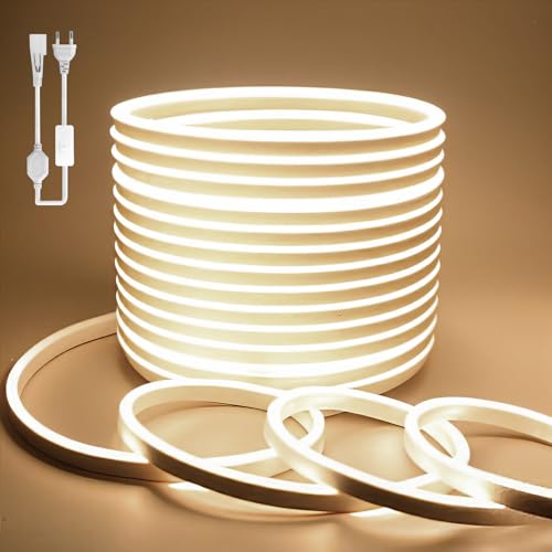 BAGZY Neon LED Streifen 50M Aussenbereich, Neon Wasserdicht Strip 230V Outdoor 120 LED/M Flexibler DIY Lichtband für Innen Weihnachtsfeier Aussenbereich,mit Netzteil und Controller(Natürliches Weiß) von BAGZY