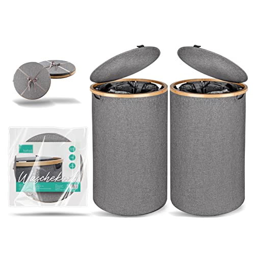 BAHOLI 2er SET Wäschekorb mit Deckel [100L] - Runder Wäschesammler mit herausnehmbaren Wäschesäcken - Faltbare Wäschebox mit stabilem Stand - Wäschetonne rund - Laundry Baskets von BAHOLI