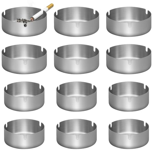 12 Stück Runden Edelstahl Aschenbecher: Aschenbechern in 2 Größen(8cm + 10cm), Aschenbecher für Draussen, Moderne Tischplatte Aschenbeche für Balkon Home Office Innenraum Draußen von BAIFULAI