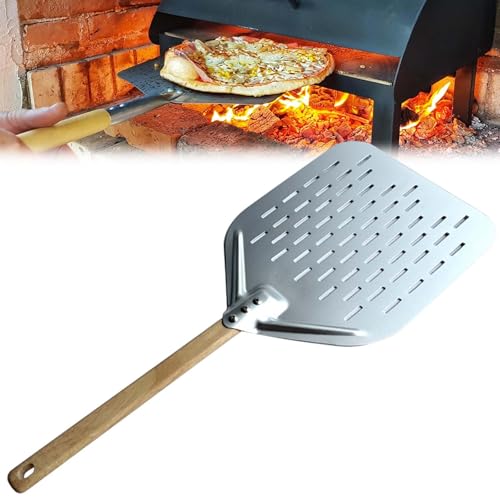 12 Zoll Pizzaschieber Perforiert, 40 * 30 * 2 cm Pizzaheber aus Hart Eloxiertes Aluminium Perforiert Pizzaschaufel Brotschieber mit Verbrühungshemmend Griff für hausgemachte Pizza Brot Kuchen von BAIFULAI