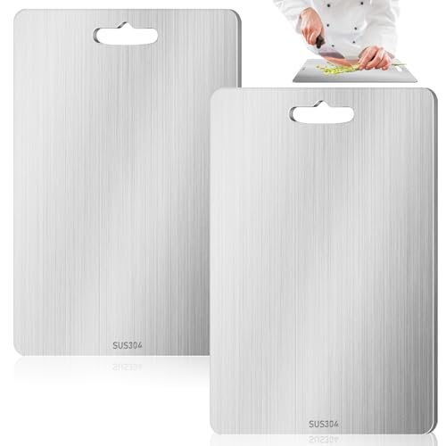 2 Stück Titan Schneidebrett Edelstahl 34 x 23CM, Titanium Cutting Board, Doppelseitiges Titanium Schneidebrett für Fleisch, Gemüse, Obst Schneiden von BAIFULAI