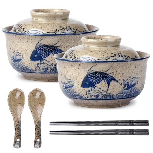 2er Set Ramen Schüssel, 800ml Ramen Schüssel Set, Ramen Set aus Keramik mit Löffel Essstäbchen, Japanisch Ramen Bowl, Suppenschüssel mit Deckel, Asiatisches Geschirr für Zuhause und Restaurant von BAIFULAI