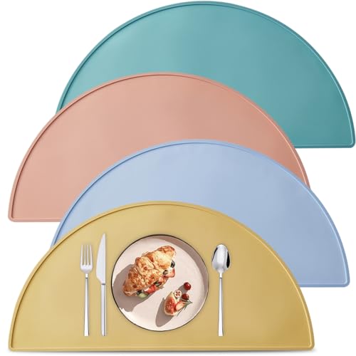 4 Stück Kinder Platzset, Halbkreis Tischsets Platzsets Silikon Abwaschbar, Tischsets Abwaschbar Kinder, BPA Frei Schmutzabweisende, für Kinder und Kleinkinder(rosa gelb blau grün) von BAIFULAI