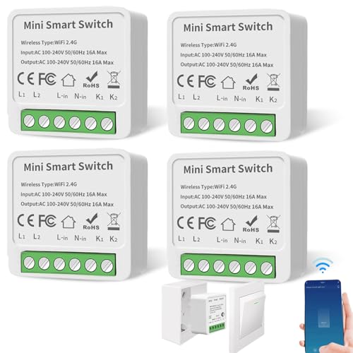 4 Stück Smart Lichtschalter Modul 2 Wege, WLAN Smart Life Schalter, Mini DIY WLAN Schalter Kompatibel mit Tuya App, Alexa und Google Home, Neutralleiter Erforderlich, Passt hinter Wandschalter von BAIFULAI