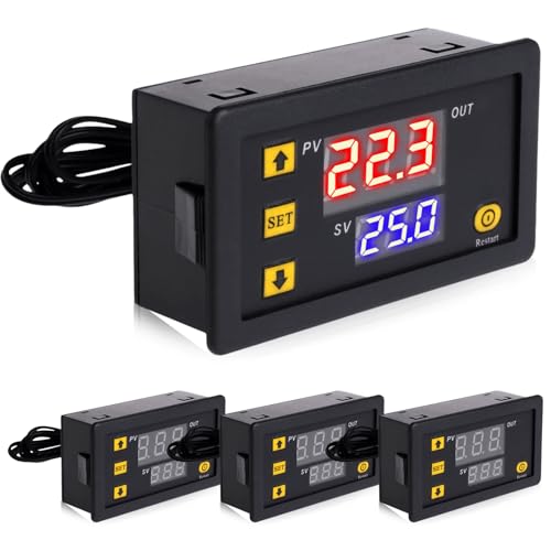 4 Stück W3230 Digitaler Thermostat, DC 12V 20A Digital Temperaturregler mit LCD Display, Wasserdichter Digitalanzeige Heizungsthermostat, Regler Relais mit NTC 10K-Sensorsonde(Schwarz) von BAIFULAI