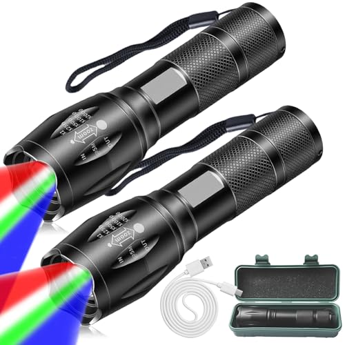 4 in 1 Wiederaufladbare LED Taschenlampe, 2 Stück Multifunktionale Taschenlampe mit Rot, Grün, Blau, Weißes Licht, Taschenlampe Verstellbarem Fokus, Wasserdichte für Camping, Beobachtung, Notfall von BAIFULAI