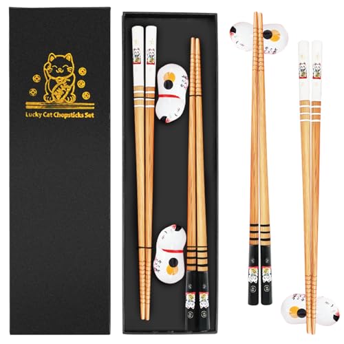 BAIFULAI 2 Paar Sushi Essstäbchen Set, Sushi Stäbchen Holz mit Keramik Halter, Nachhaltig Chopsticks Japanisch Chinesisch Koreanisch Taiwanesisch, Japan Geschenk (Katze) von BAIFULAI