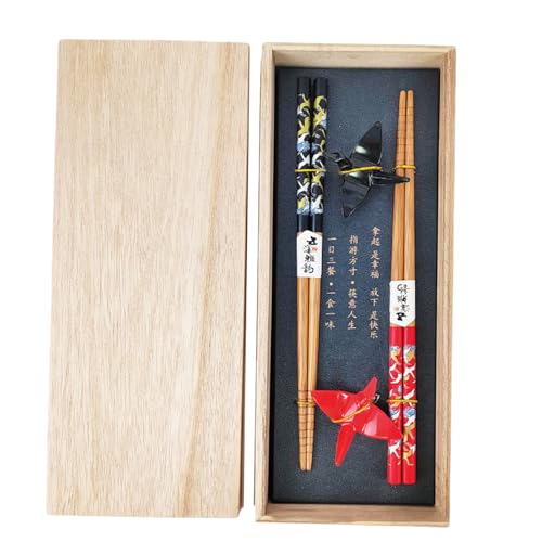 BAIFULAI 2 Paar Sushi Essstäbchen Set, Sushi Stäbchen Holz mit Keramik Paper Crane Halter, Nachhaltig Chopsticks Japanisch Chinesisch Koreanisch Taiwanesisch, Japan Geschenk von BAIFULAI