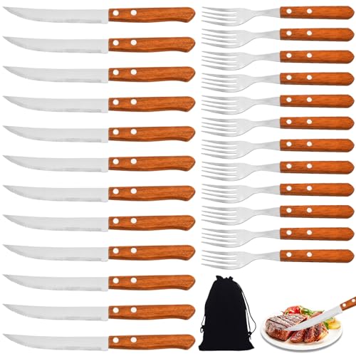 BAIFULAI 24 Stück Steakbesteck, Stahl Besteckset mit Holzgriff, Enthält 12 Stück Steakmesser und 12 Stück Steakgabel, Steakbesteck Set für 12 Personen, Steakmesser Set, Nicht spülmaschinenfest von BAIFULAI