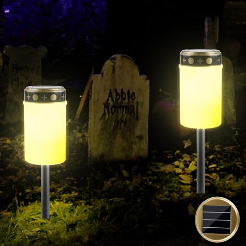 BAIFULAI 2er Pack Solar Grablicht, 7cm x 12 cm, Wasserdichtes Outdoor Friedhofskerze Solarbetrieben mit Lichtsensor, lange lebensdauer mit Dauerlicht, Stabilisierungsbügel mit Erdspieß (weiß) von BAIFULAI