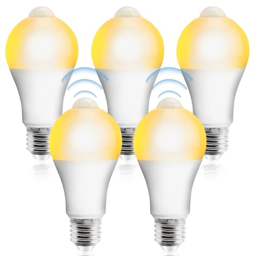 BAIFULAI 5 Stück E27 LED Glühbirne mit Bewegungsmelder, 12W 2700K Warmweiß Energiesparlampe LED Birne mit PIR Auto Ein/Aus Lichtsensor Glühbirne für Flur Garage Treppe Balkon von BAIFULAI