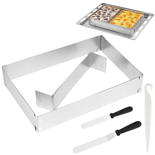 BAIFULAI Backrahmen Rechteckig Verstellbar, Edelstahl Backform rechteckig mit Kuchenlösemesser und Butterspatel, Tortenring Eckig Stufenlos Verstellbar - Routiniert Kuchen Backen und Torten Schichten von BAIFULAI