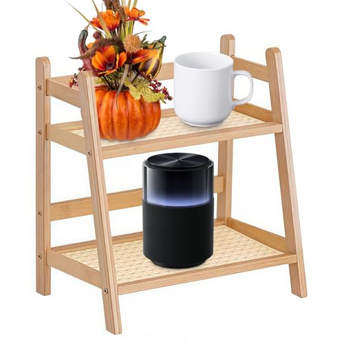 BAIFULAI Küche Tisch Gewürze Regal 29x27x18cm, 2 Tiers Bambus Nachahmung Rattanweberei Deko Gewürzregal Stehend Aufbewahrung Bambus Blumenhalter Bücherregal Tee Organizer für Büro Badezimmer Küche von BAIFULAI