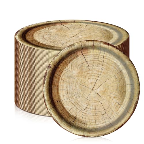 BAIFULAI Partyteller 50 Stück, 22,9 cm Pappteller Rustikale Partydekorationen Runder Pappteller Holzscheibenteller Geeignet für Partys Grillabende Kindergeburtstage Hochzeiten Picknicks von BAIFULAI