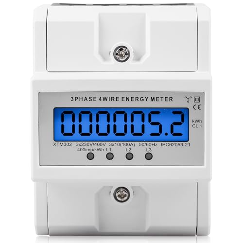 BAIFULAI Stromzähler 3-Phasen 4-Draht, Drehstromzähler 230/ 400V 3x 5-100A, LCD Digitaler Stromzähler Zwischenzähler Strom Hutschiene für DIN Hutschiene Zwischenzähler Strom, 50/60Hz von BAIFULAI