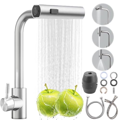 BAIFULAI Wasserhahn Küche Ausziehbar, Küchenarmatur mit Brause Ausziehba, Einhebel Ausziehbarer Spültischarmatur mit Brause 3 Modus, 1 Loch 360° Schwenken, Hochdruck Wasserfall, Gebürstet Edelstahl von BAIFULAI
